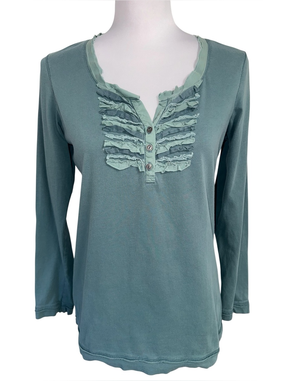 Eddie Bauer Women’s Medium Teal Ruffle Henley Top Romantic Cottage Long Sleeve